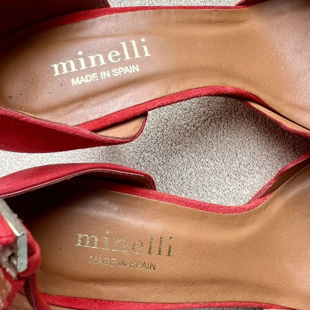Minelli Spain Red Suede Scalloped Edge Pump Heel Ankle Strap Women EU 38 US‎ 7.5